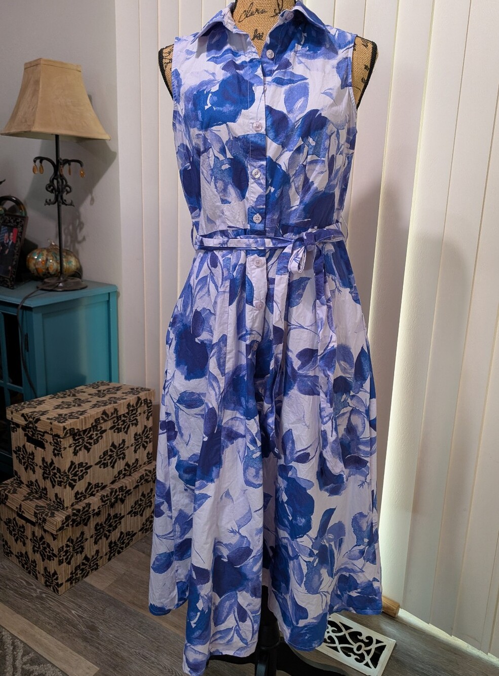 Calvin Klein Blue Floral Cotton Sleeveless Shirtdress Dress - Picture 4 of 5